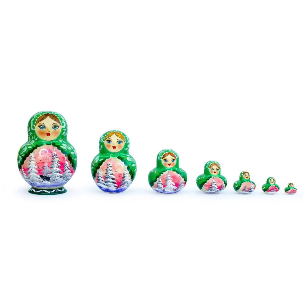 6 Piece Horse Winter Forest Green Nesting Dolls F683189