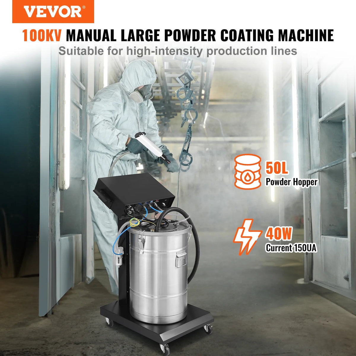 50L Powder Coating System 40 W 100KV Electrostatic Powder Hopper T76187