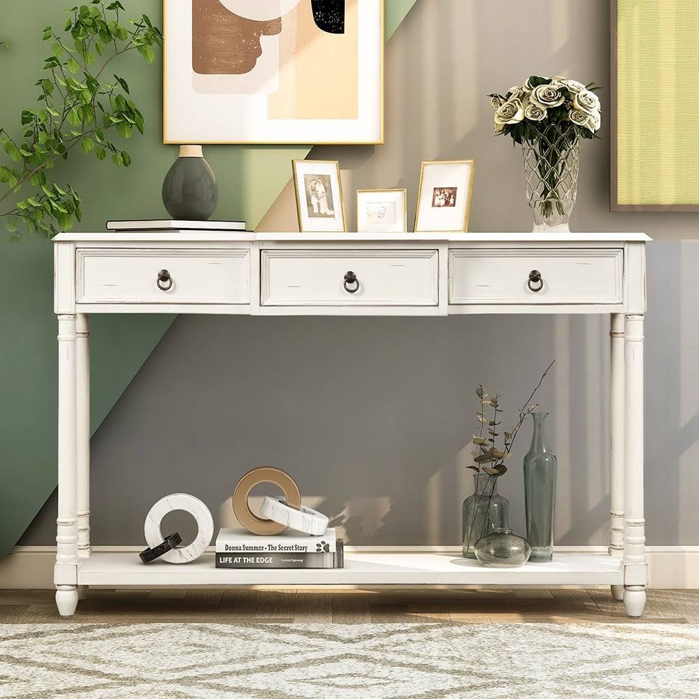 Antique White Console Table with Projecting Drawers and Long Shelf K1497