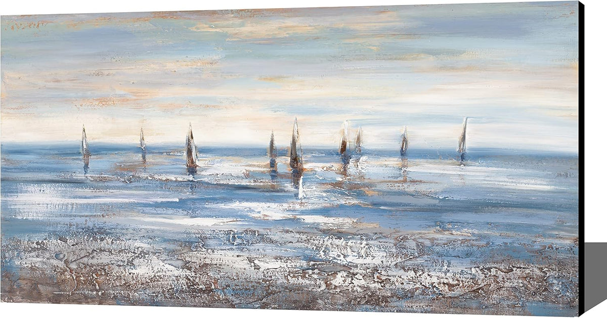 Abstract Sailboat Canvas Wall Art Grey And Blue Ocean Sailing Landscape Hand-Painting 24x48 Inch Unframe P717567