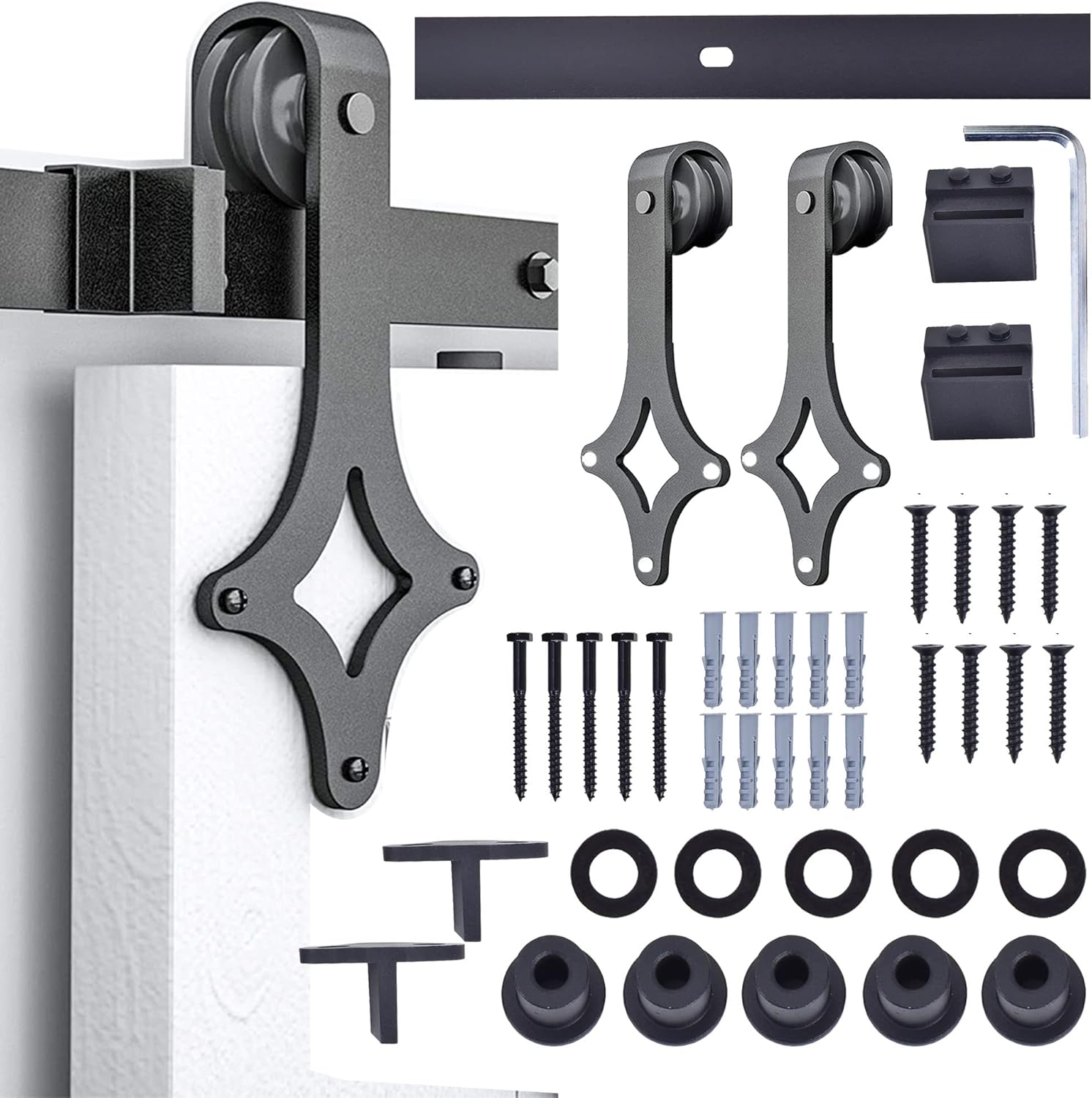 Black Sliding Barn Door Hardware Kit with Stamped Steel Rail Mount Hardware A3763