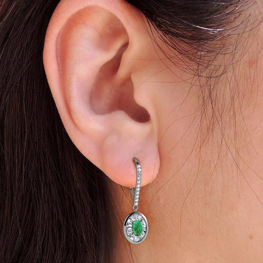 Oval Cut Emerald and Baguette Diamond Halo Drop Earrings 14K Gold H85165