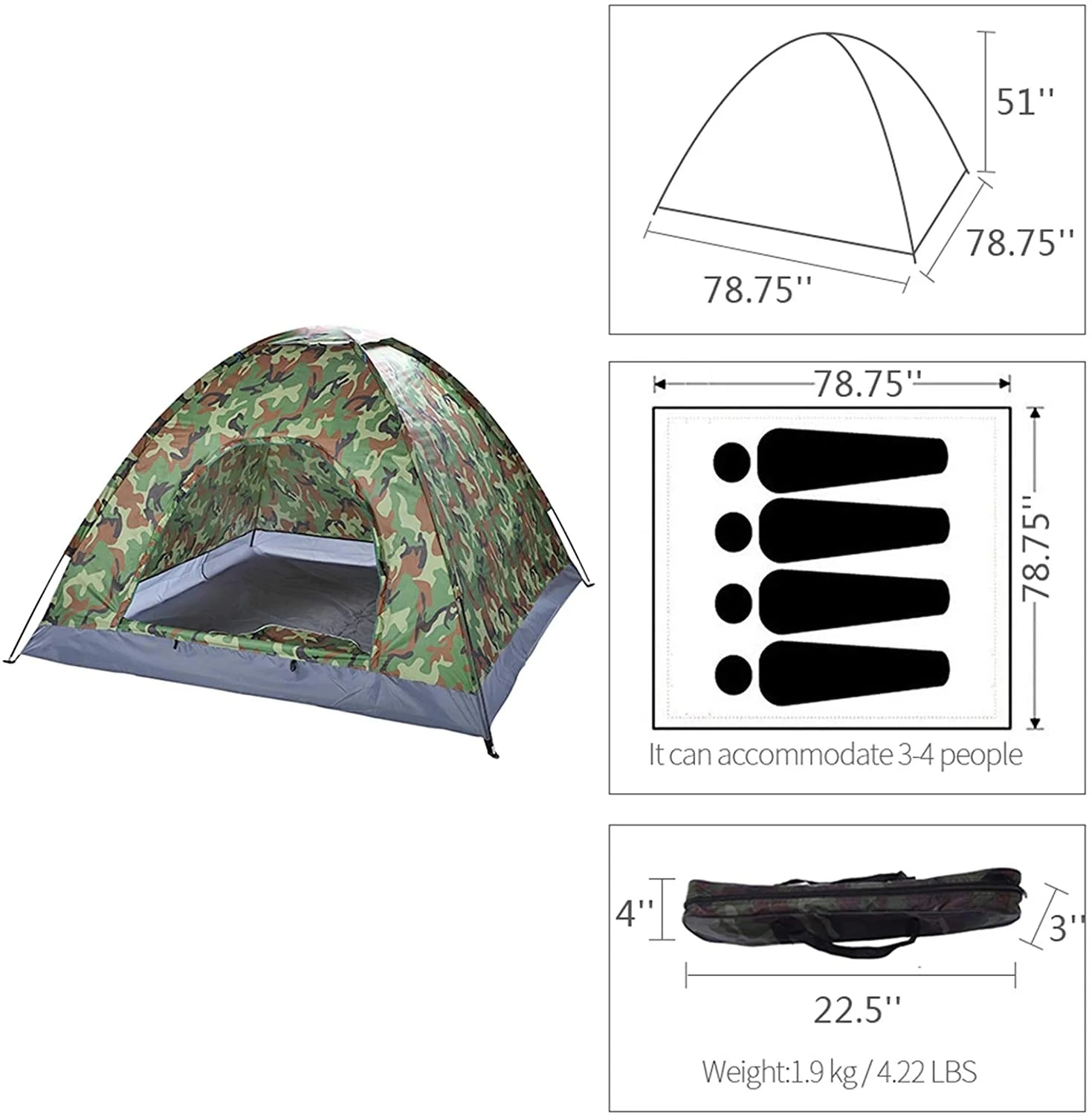 Camouflage Waterproof Dome Tent with Carry Bag X956658