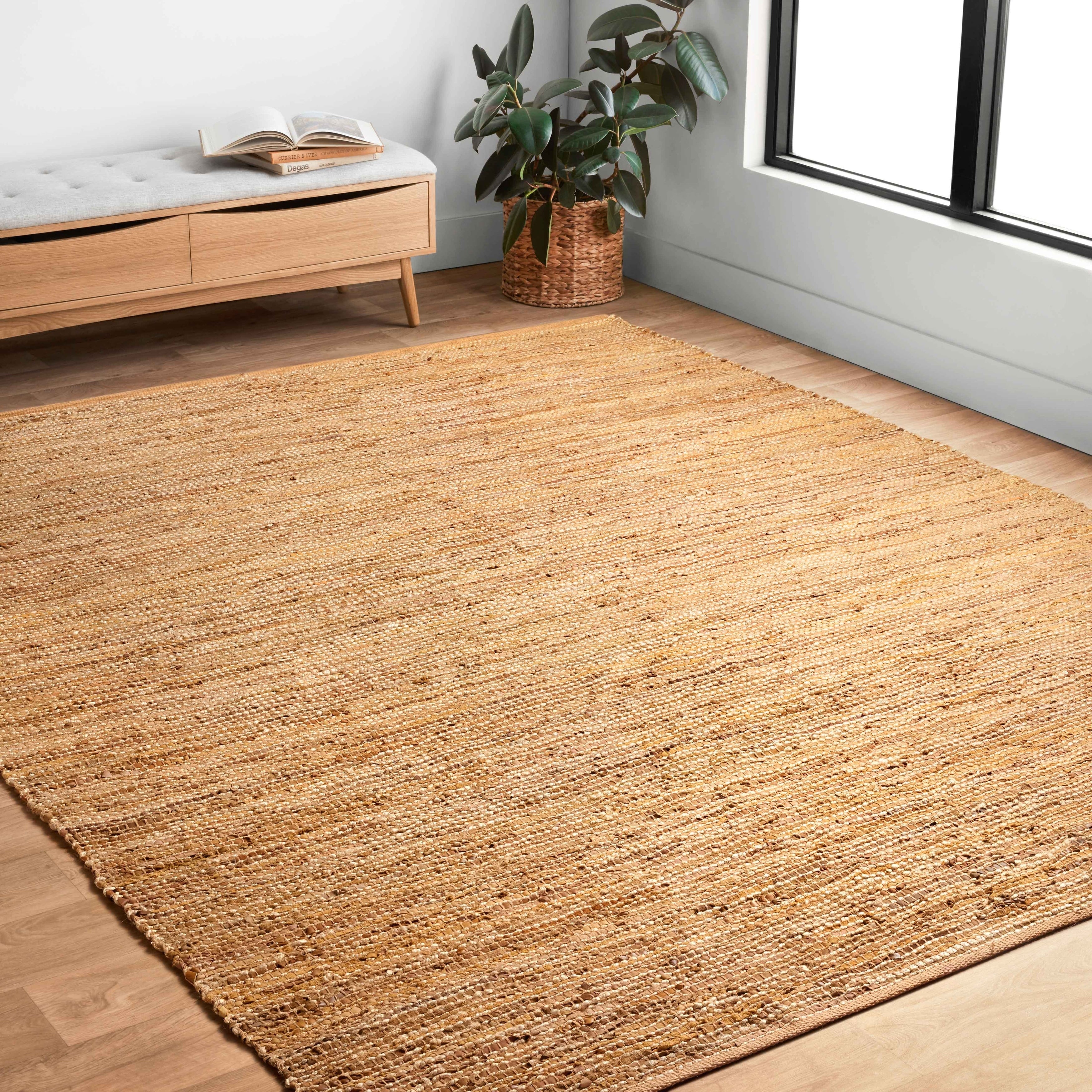 Farmhouse Jute and Leather Handwoven Area Rug Tan 5' x 7'6" Natural Fiber A68872