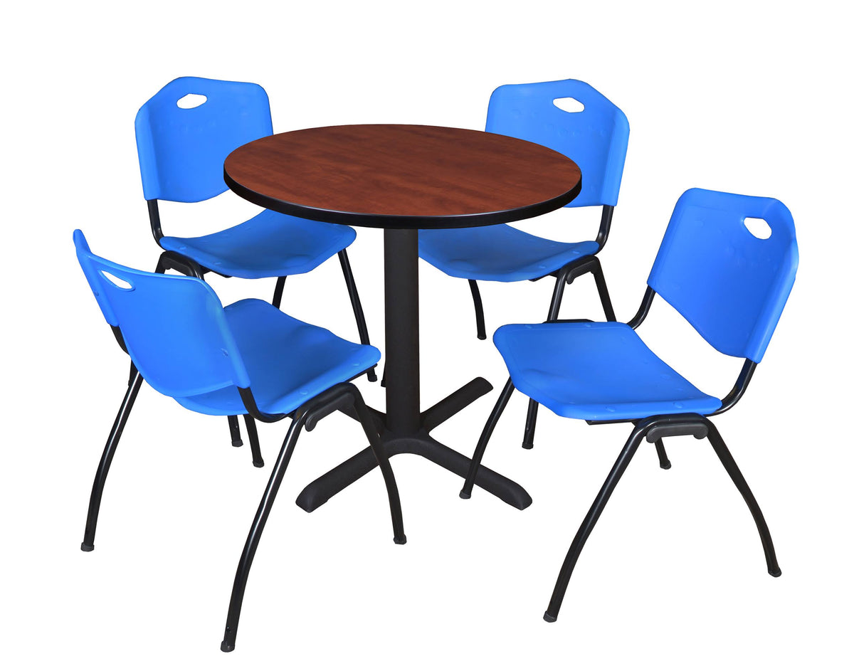 30x22 Round Breakroom Table Grey & 4 Stack Chairs Blue Y773