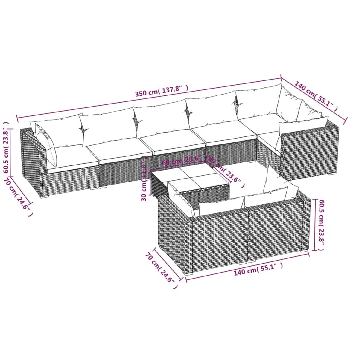 9 Piece Poly Rattan Outdoor Sectional Sofa Set with Anthracite Cushions Steel Frame B6236