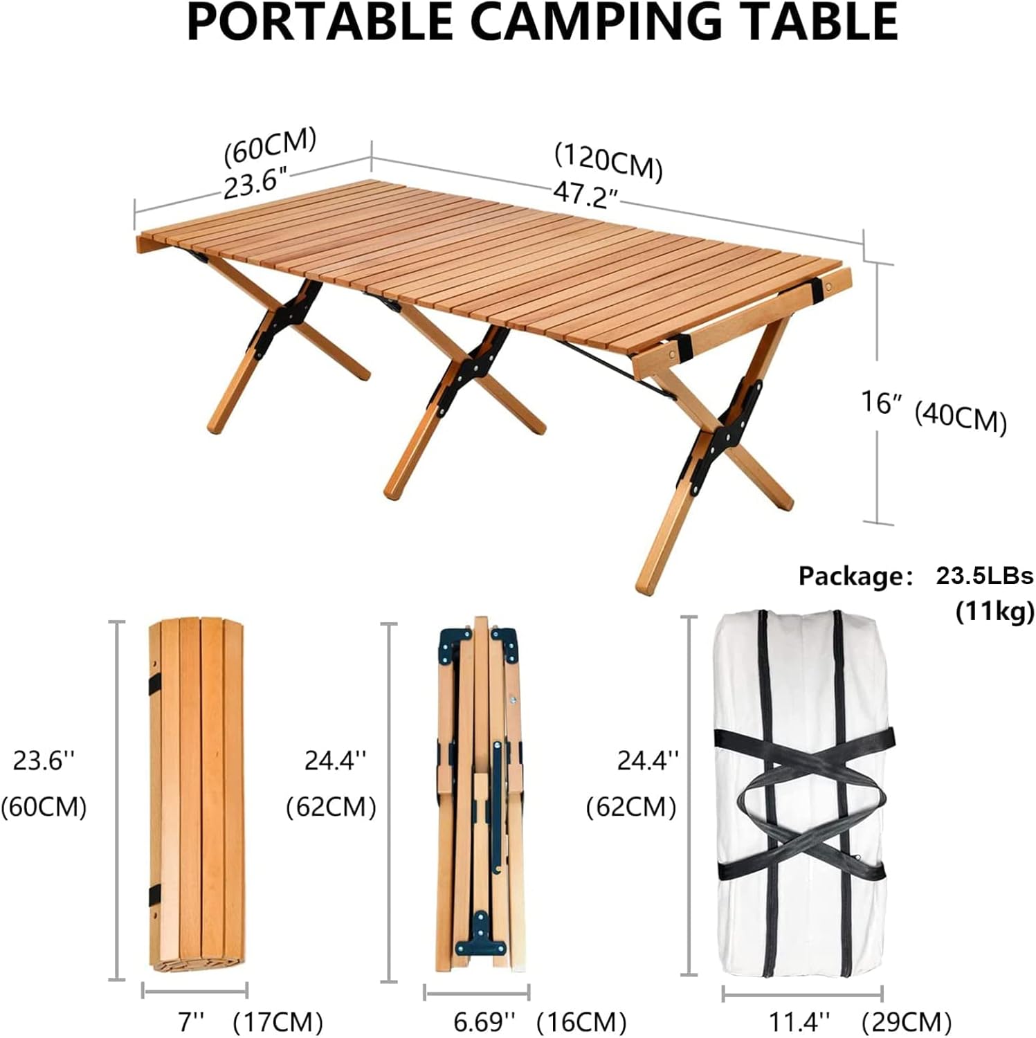 4ft Folding Portable Wooden Camping Table with Carry Bag N582