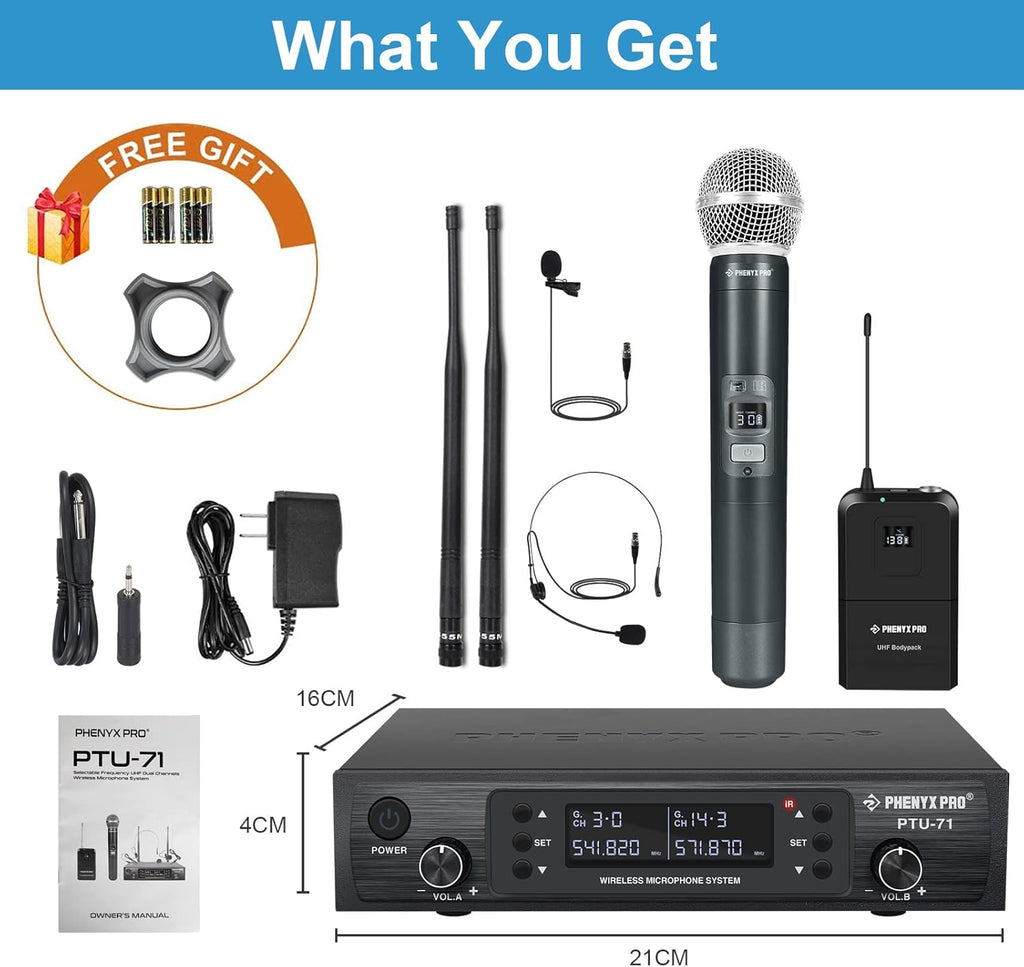 Dual Channel Wireless Microphone System with Handheld, Bodypack, Headset, Lapel J643