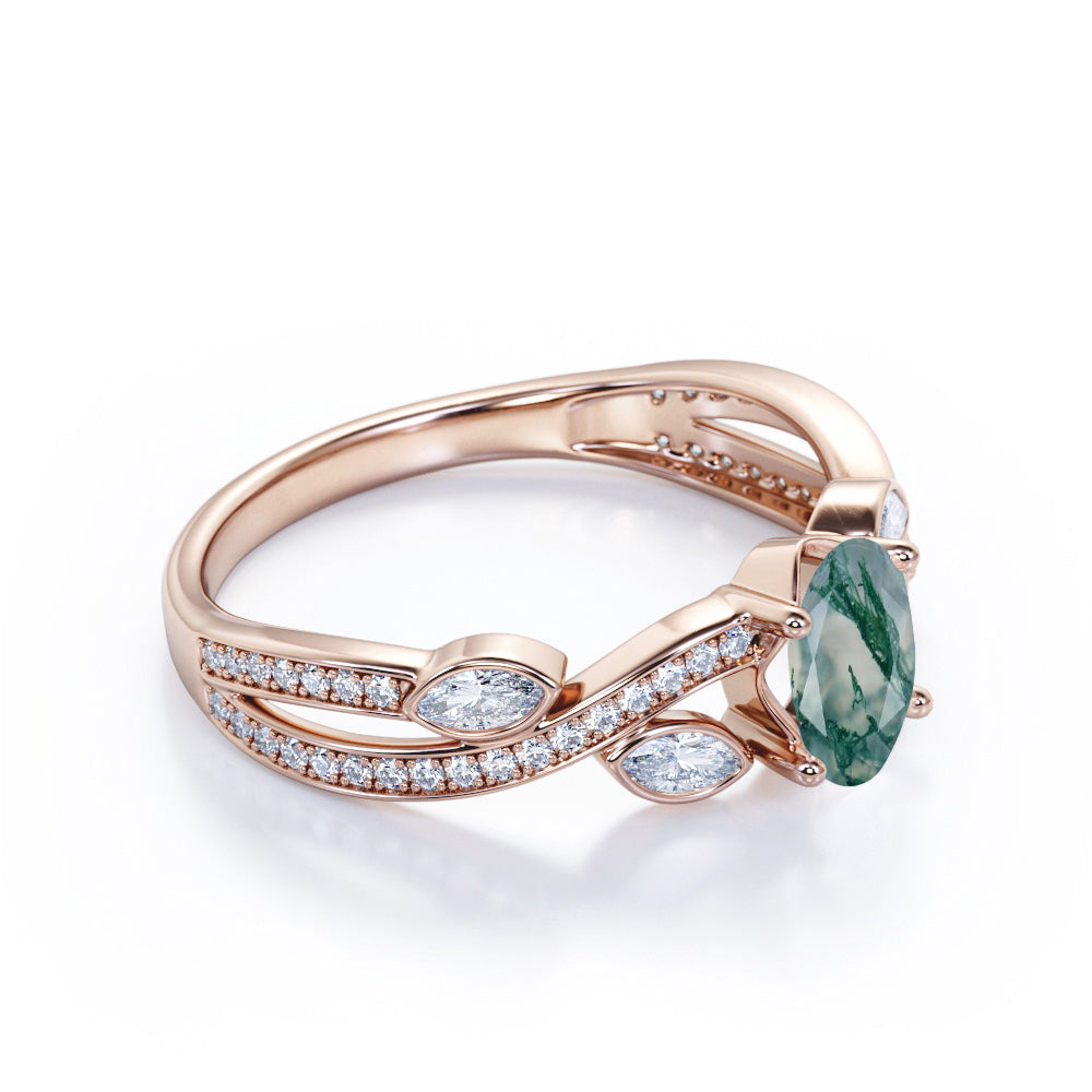 1.5 Carat Oval Moss Green Agate And Moissanite Engagement Ring In 18K Rose Gold Plating Over Silver E783123