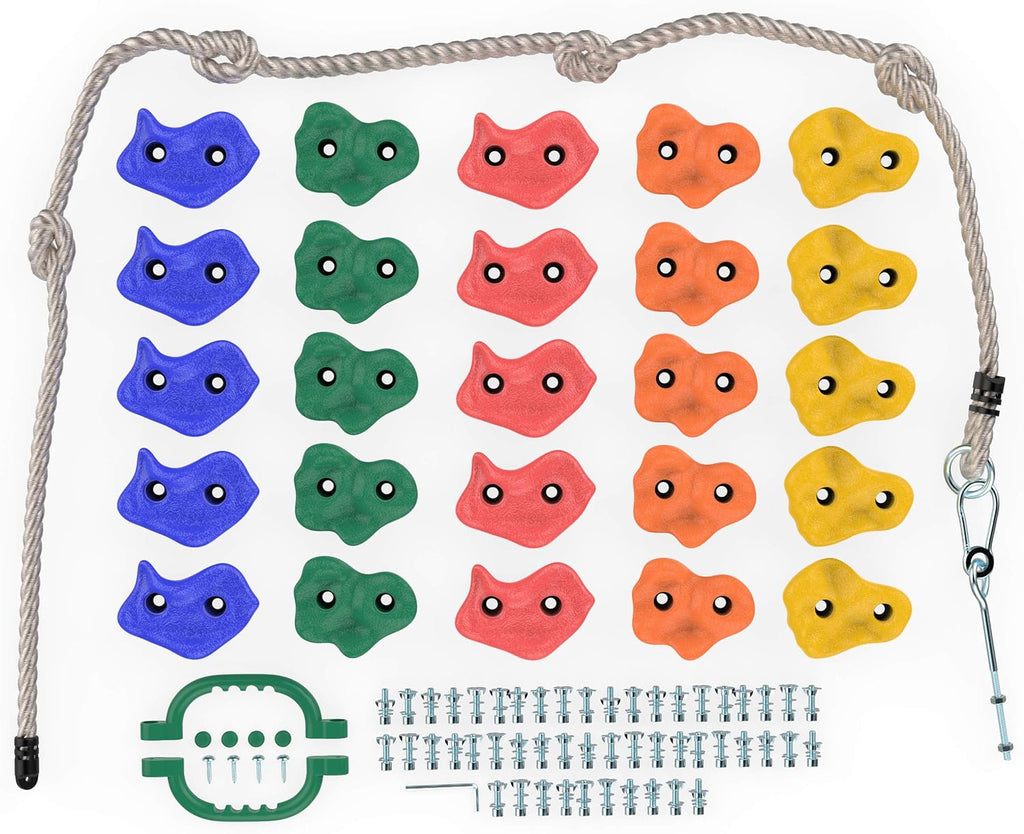 25 Pc Rock Climbing Holds with 8ft Knotted Rope and Carry Bag R45724