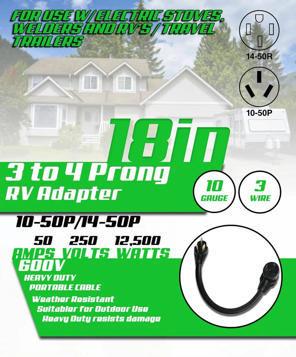 NEMA 10-50P To 14-50R 120V/240V 50 Amp 3 Prong Male Plug To 4 Prong Female Outlet Adapter X512