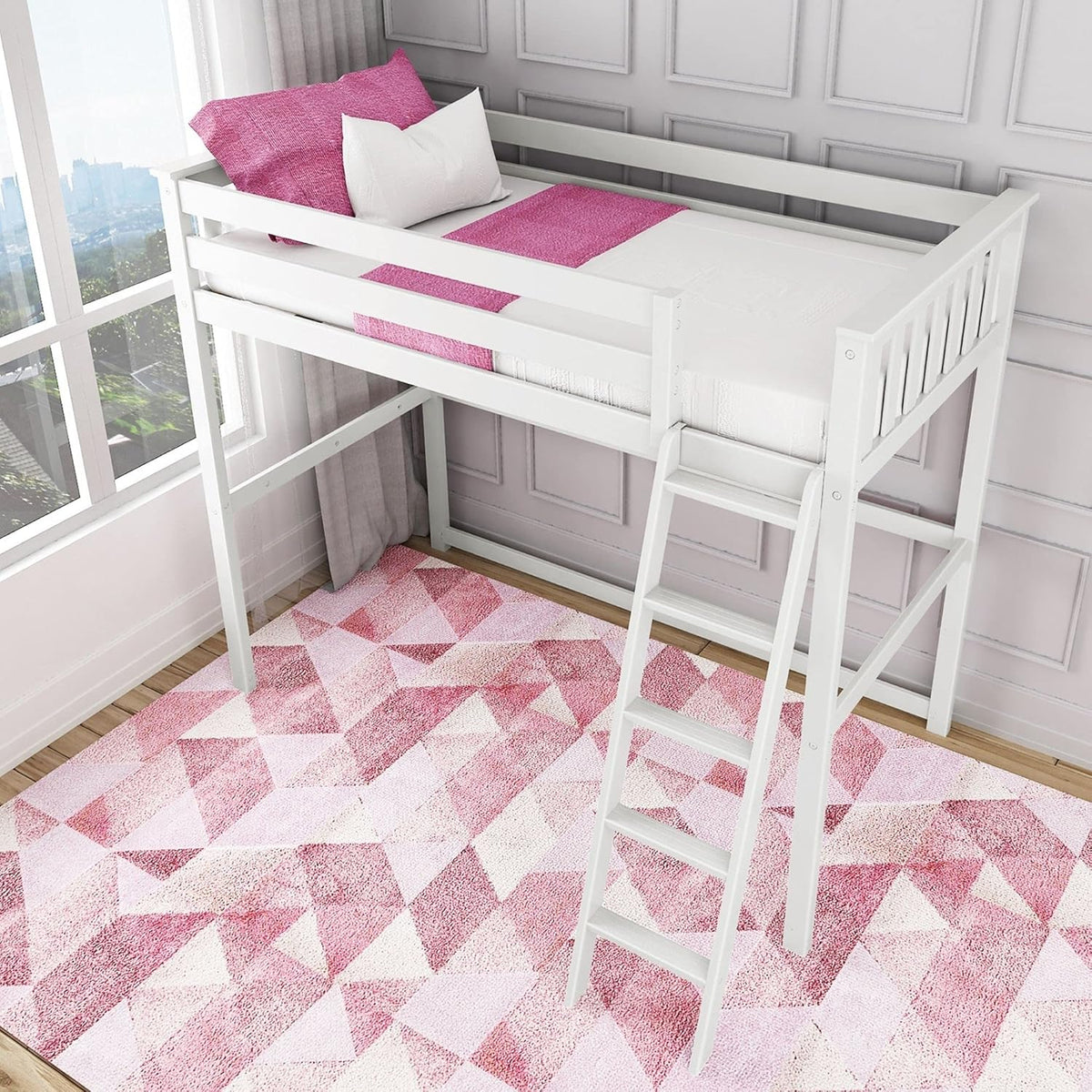 White Twin High Loft Bed with Bookcase and Desk T9336
