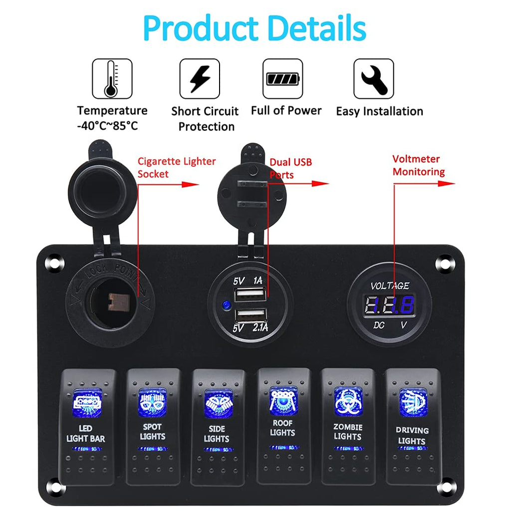 Waterproof Rocker Marine Switch Panel with USB, Blue LED, Pack of 2 A4035