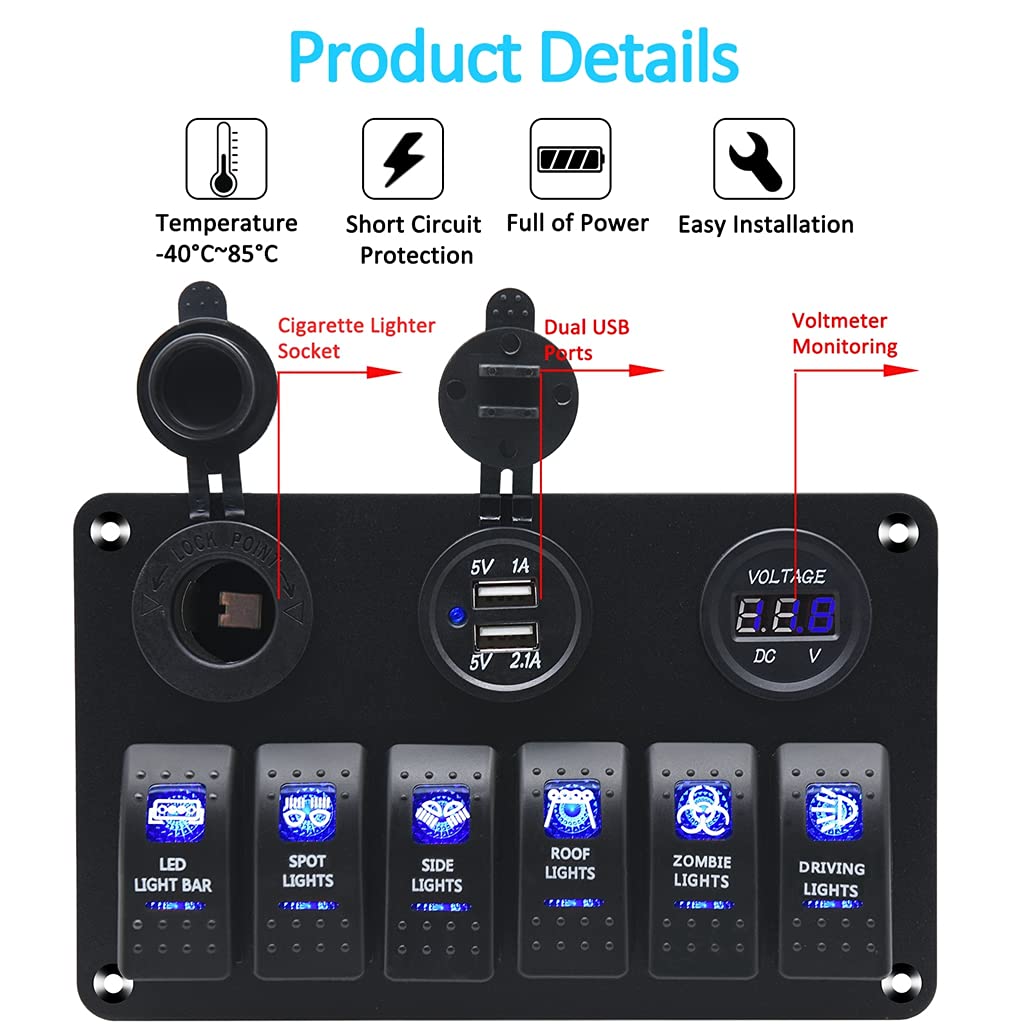 Waterproof Rocker Marine Switch Panel with USB, Blue LED, Pack of 2 A4035