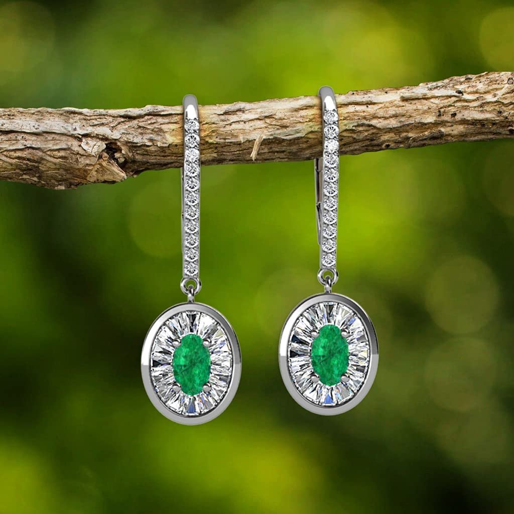 Oval Cut Emerald and Baguette Diamond Halo Drop Earrings 14K Gold H85165