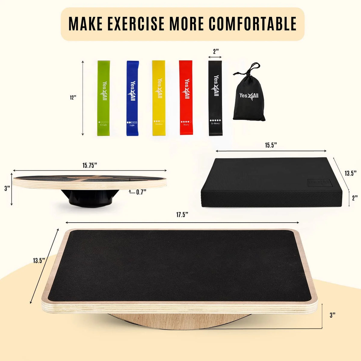 4-in-1 Wooden Wobble Balance Board Set with Balance Pad & Exercise Bands E2561
