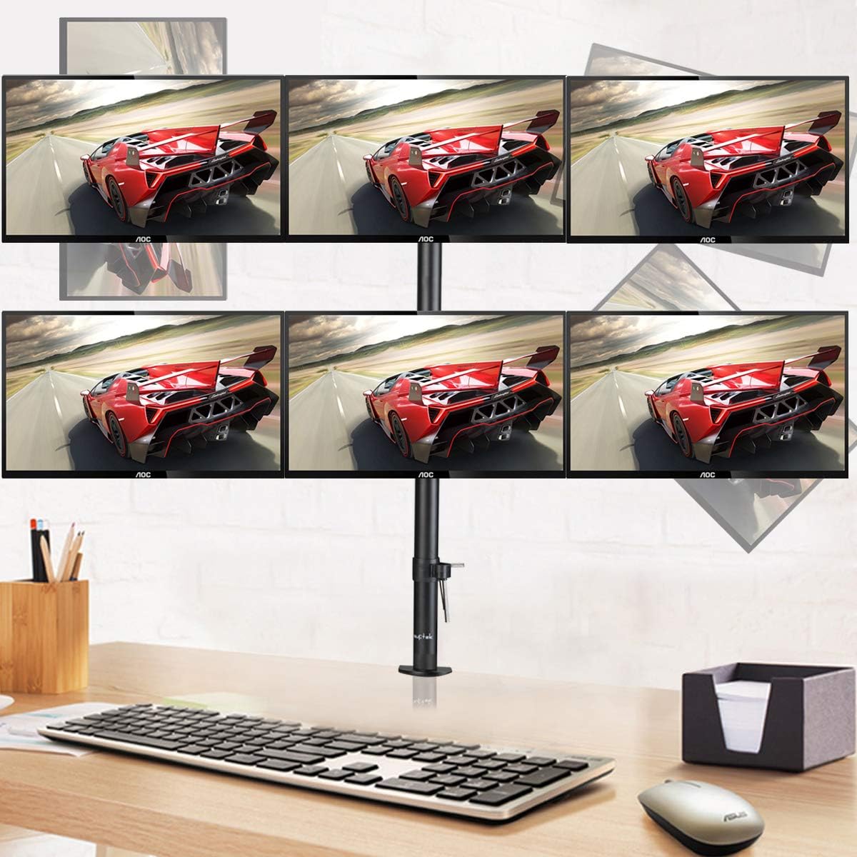 Hex LED LCD Monitor Stand up Desk Mount Extra Tall 31.5 inch Pole Heavy Duty Fully Adjustable Stand for 6 Screens up to 27 inch I4107