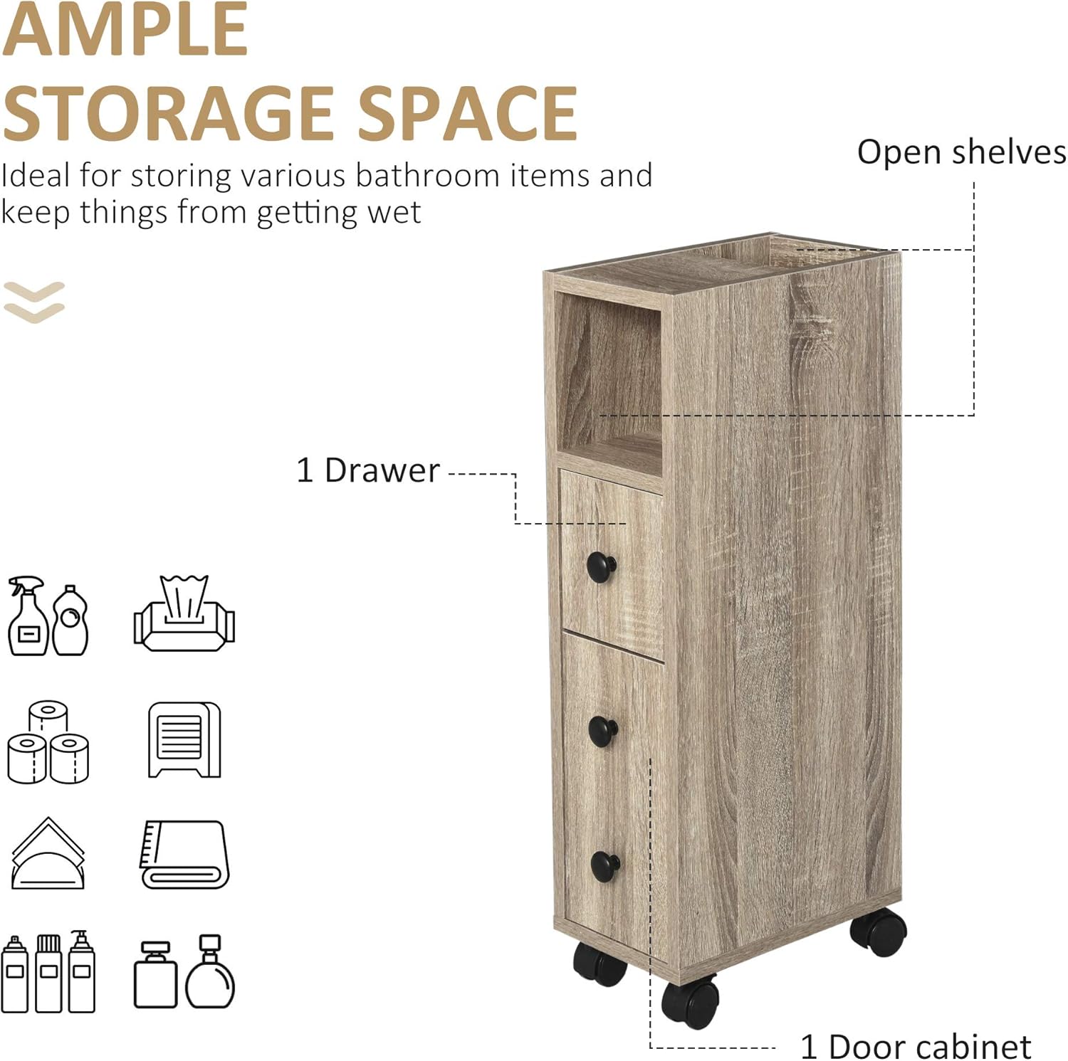 Oak Grain Color Freestanding Bathroom Cabinet with 2 Open Cabinets, 1 Door Cabinet, 1 Drawer and 4 Rolling Wheels R6473