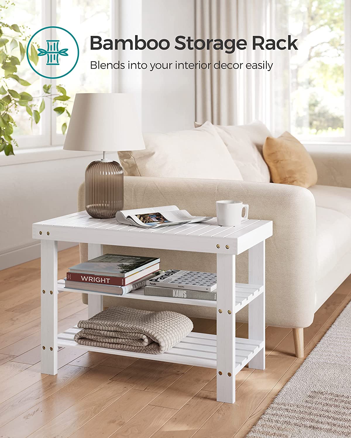 White 3-Tier Bamboo Shoe Rack Bench J376664