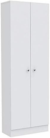 White & Light Oak Kitchen Tall Utility Storage Pantry Cabinet with Metal Handles C7806