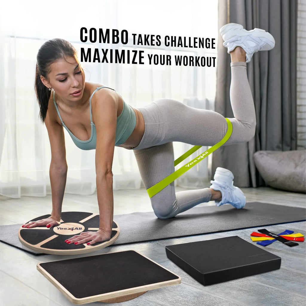 4-in-1 Wooden Wobble Balance Board Set with Balance Pad & Exercise Bands E2561