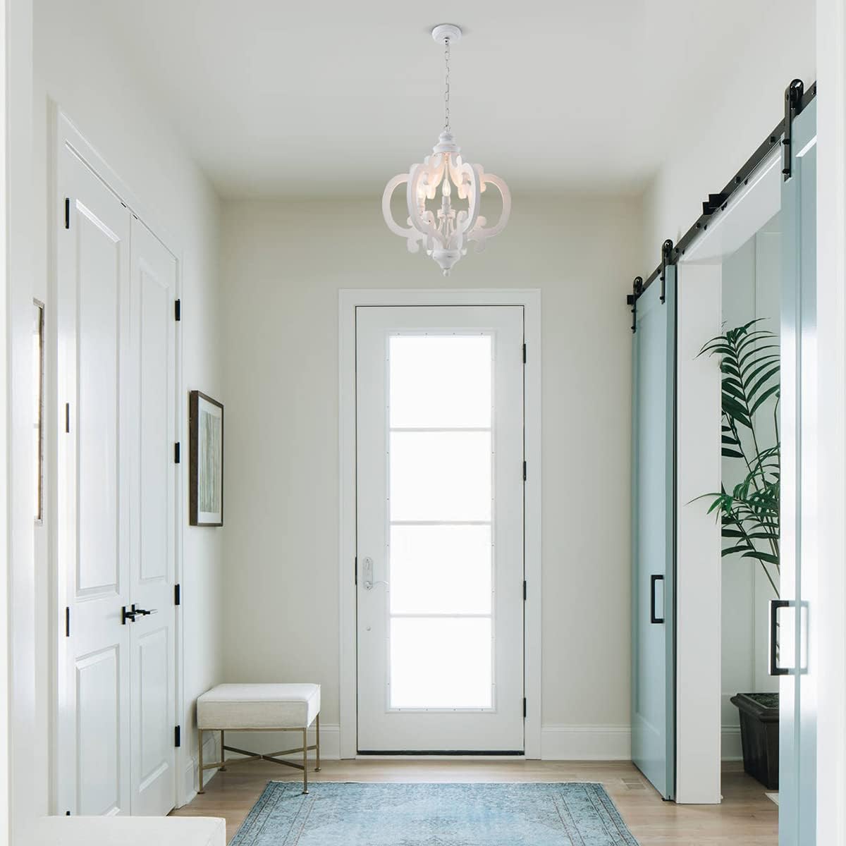 Farmhouse Chandelier 6 Candle Lights Distressed White Wood Light Fixture, 21 INCH M60704