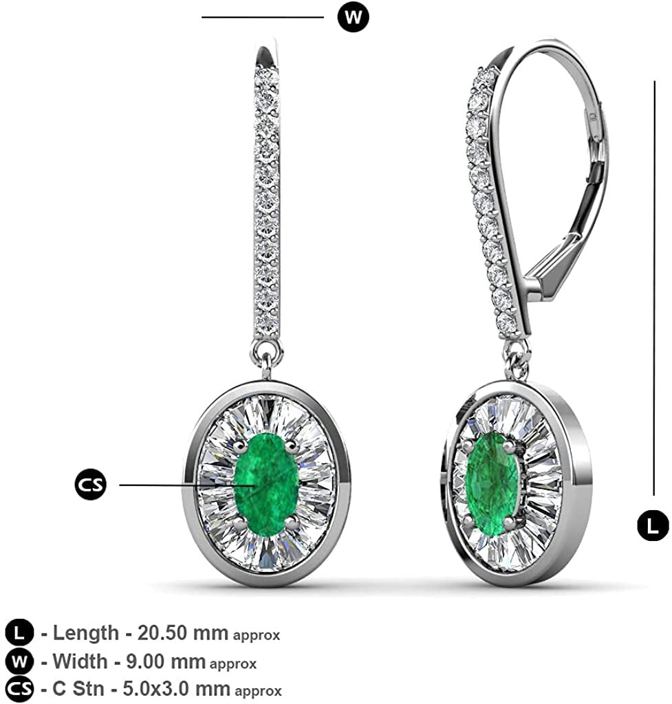 Oval Cut Emerald and Baguette Diamond Halo Drop Earrings 14K Gold H85165
