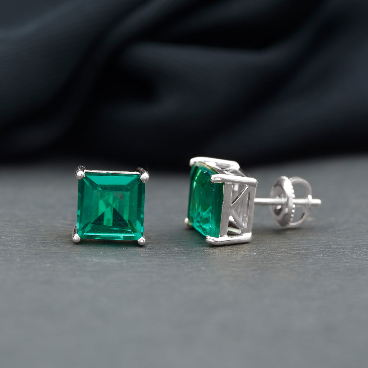 Princess Cut Created Emerald Solitaire Stud Earrings, 8 mm, 925 Sterling Silver J2305