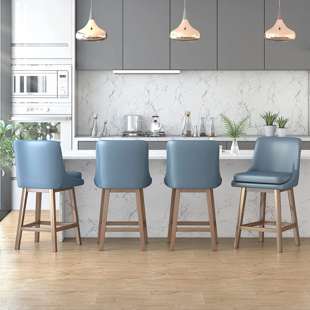 26" Counter Height Bar Stools, Solid Wood Faux Leather, Dark Blue Set of 4 T9374