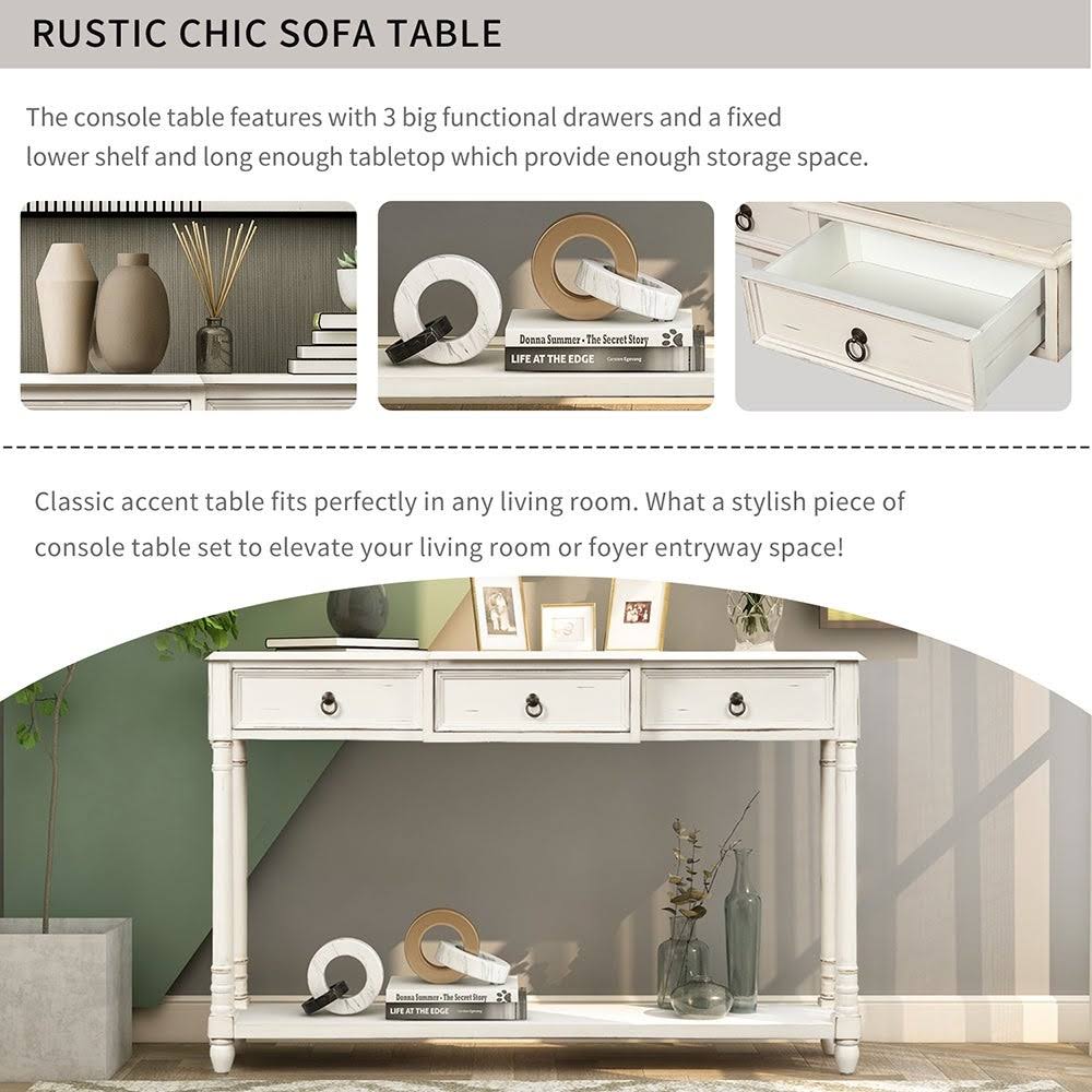 Antique White Console Table with Projecting Drawers and Long Shelf K1497
