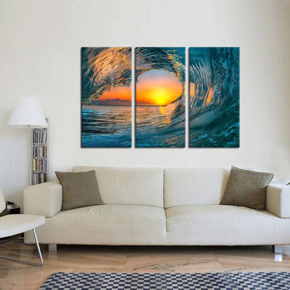 3 Pieces Large Canvas Prints Wall Art Sunset Sea Water Ocean Wave Paintings Stretched and Framed Seascape Giclee Artwork Ready to Hang J987484
