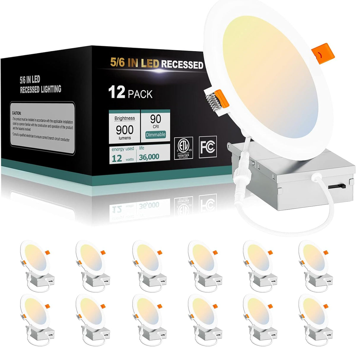 12W 12PACK 900LM Dimmable 5CCT 2700K-5000K Selectable 6 Inch LED Recessed Light W379