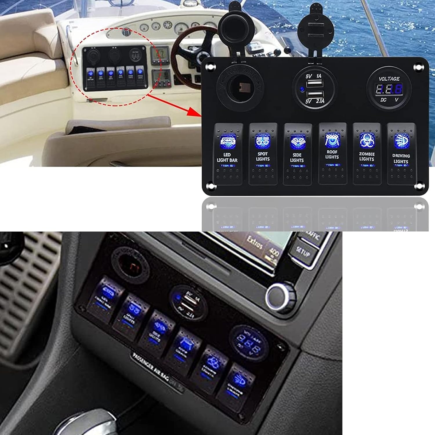 Waterproof Rocker Marine Switch Panel with USB, Blue LED, Pack of 2 A4035