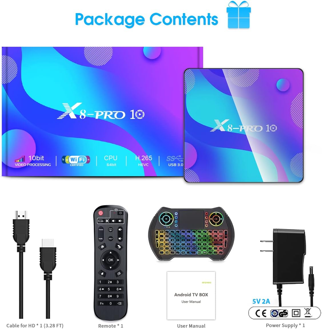 Android TV Box 4GB RAM 32GB ROM with Mini Wireless Backlit Keyboard, RK3318 Quad-Core 64 Bits Dual-WiFi 2.4GHz/5GHz BT 4.2 USB 3.0 3D 4K Pack of 2 M65196