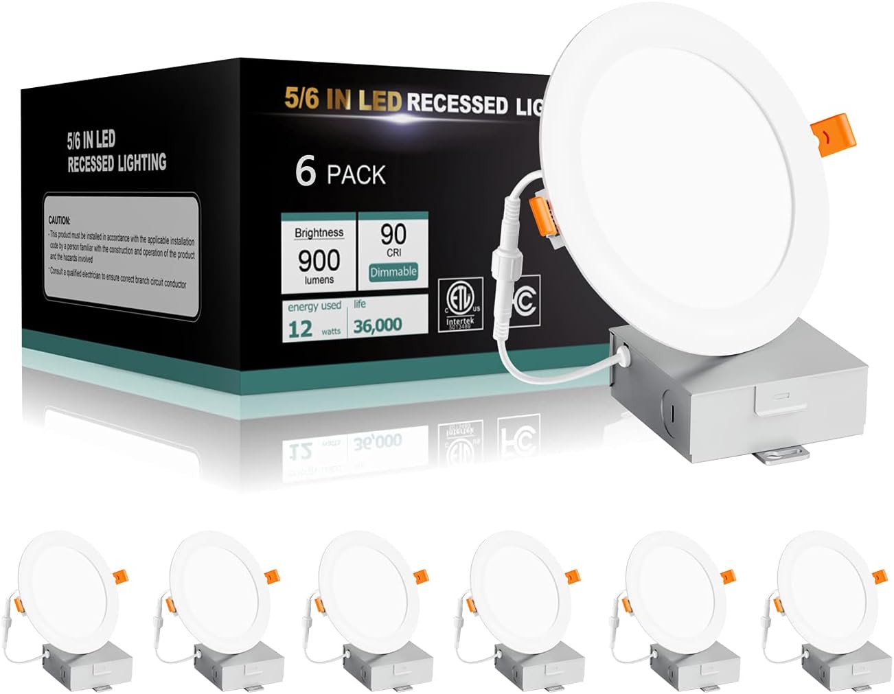 12W 12PACK 900LM Dimmable 5CCT 2700K-5000K Selectable 6 Inch LED Recessed Light W379