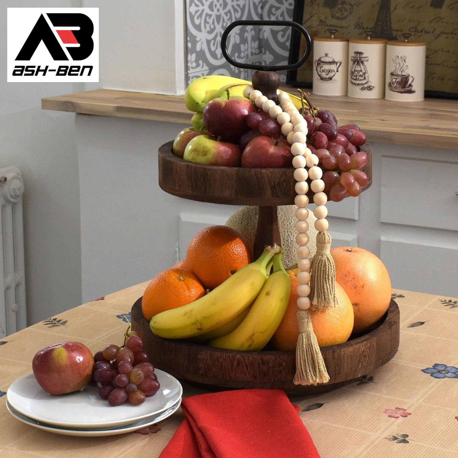 Two Tiered Rotating Wooden Tray with 10 Small & 13 Large Plates F188392