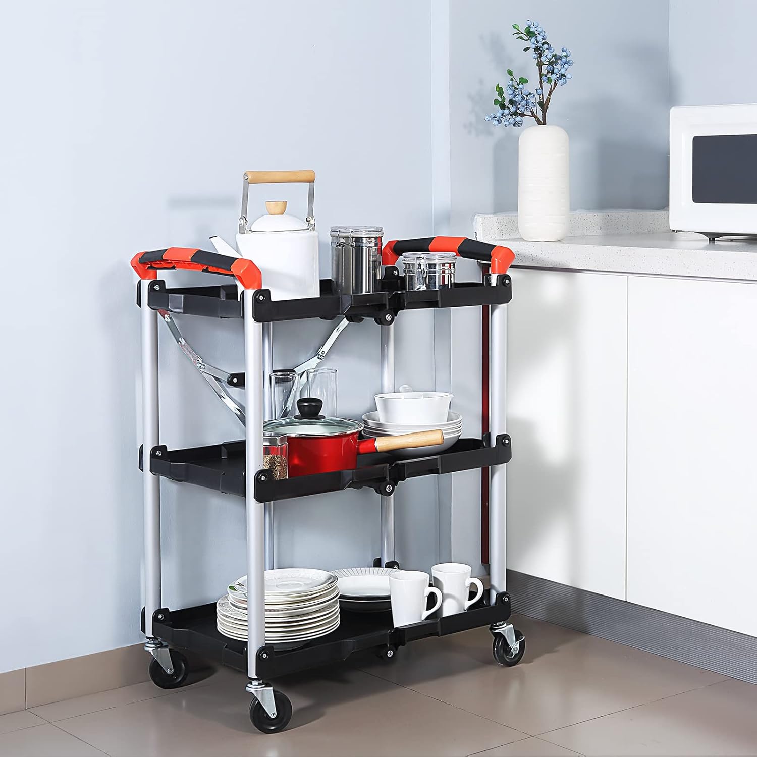 Black/Red Folding Collapsible Service Cart P414