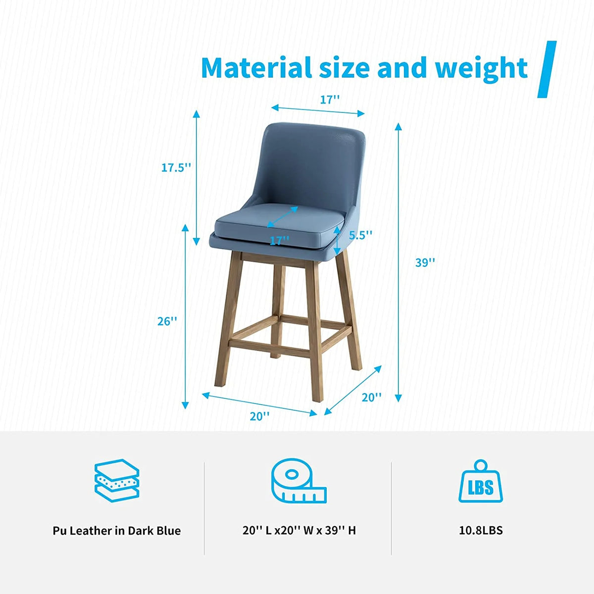 26" Counter Height Bar Stools, Solid Wood Faux Leather, Dark Blue Set of 4 T9374