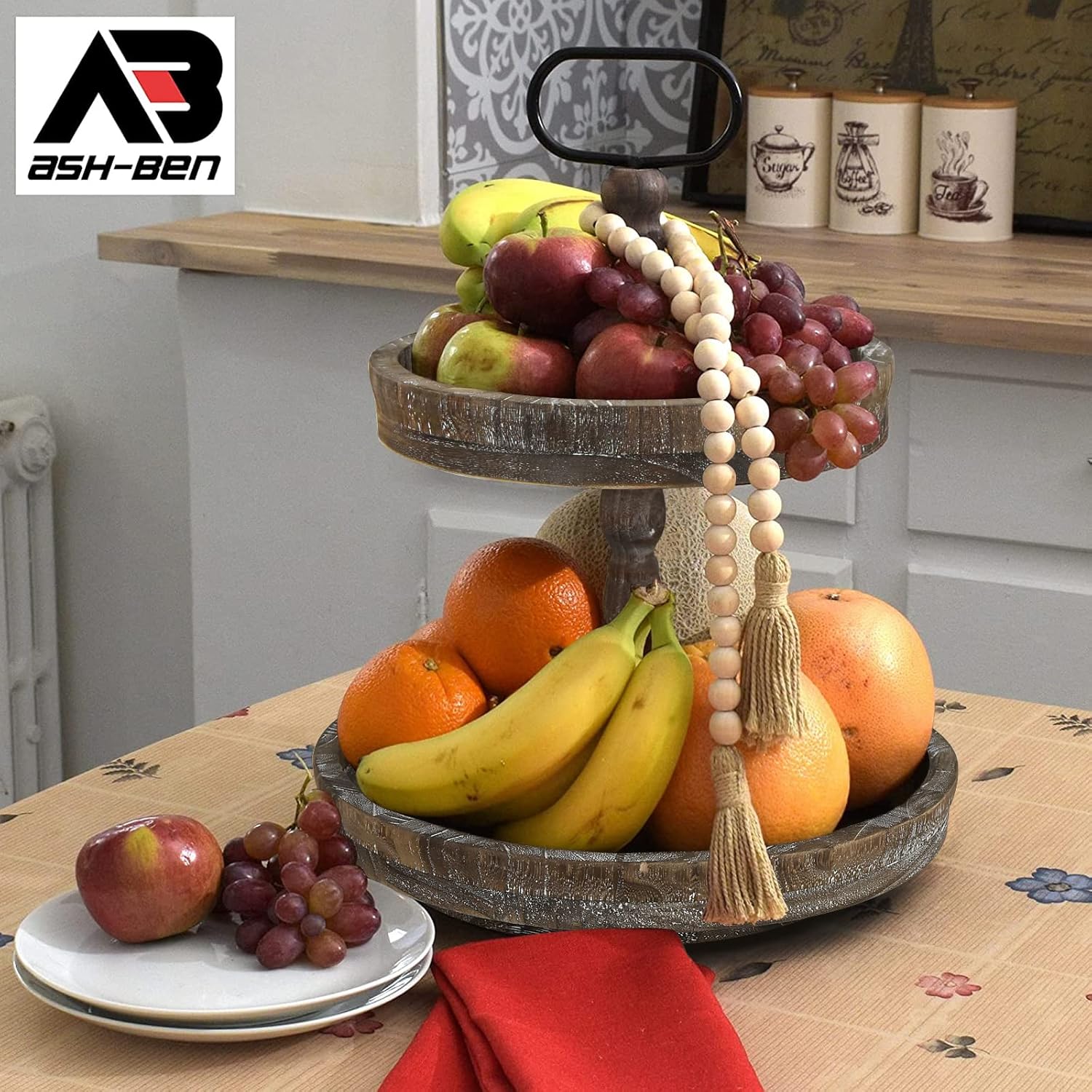 Two Tiered Rotating Wooden Tray with 10 Small & 13 Large Plates F188392