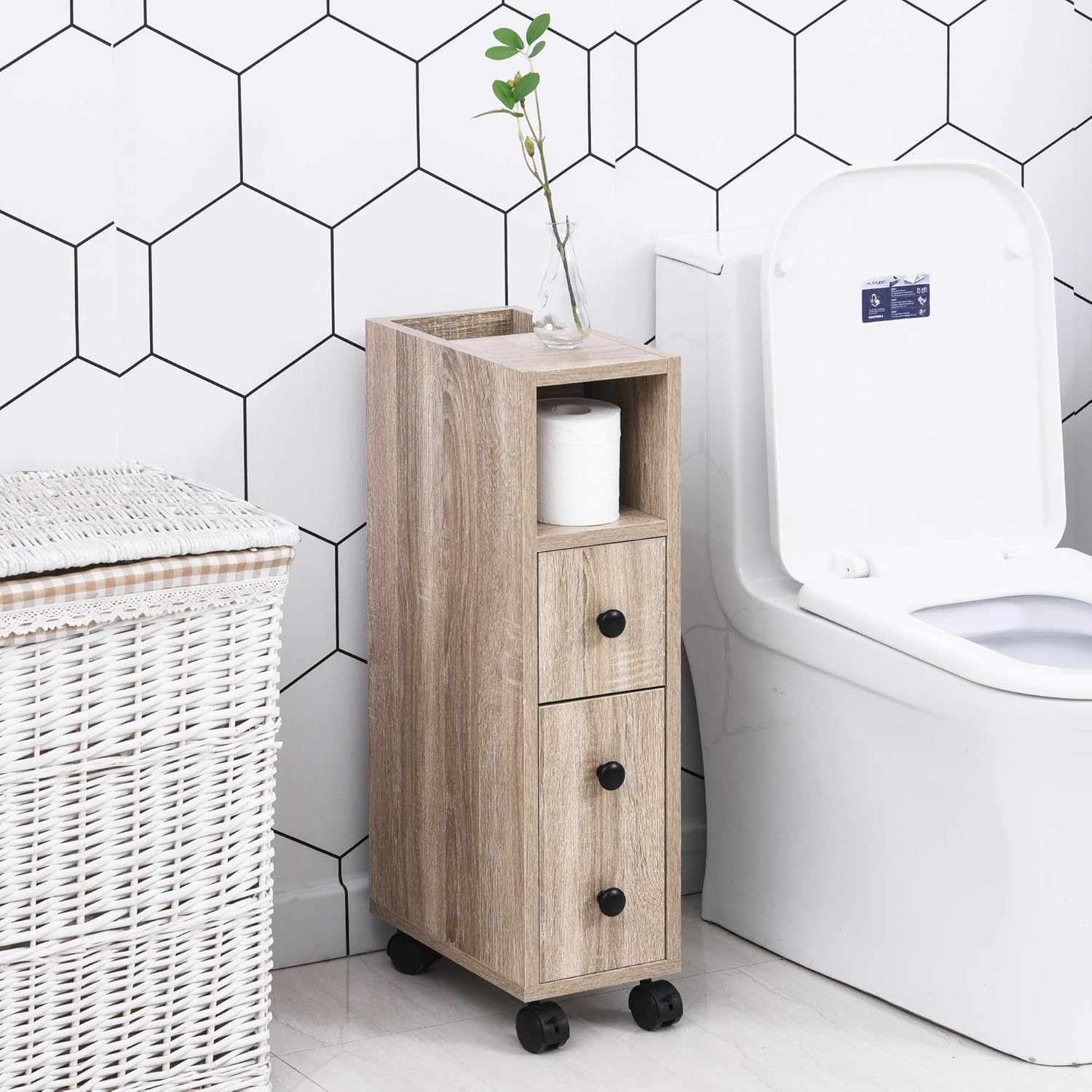 Oak Grain Color Freestanding Bathroom Cabinet with 2 Open Cabinets, 1 Door Cabinet, 1 Drawer and 4 Rolling Wheels R6473