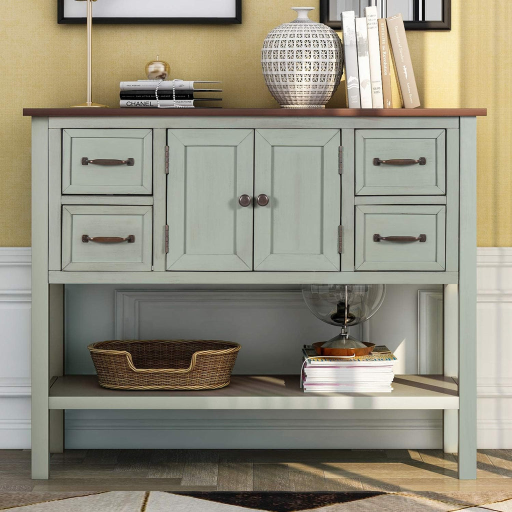 Green Wood Buffet Console Table with Drawers & Open Shelf G390054