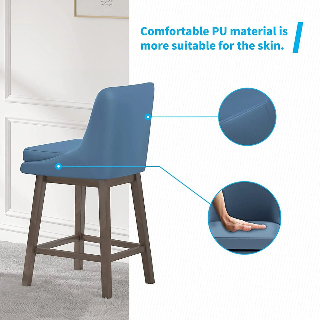 26" Counter Height Bar Stools, Solid Wood Faux Leather, Dark Blue Set of 4 T9374