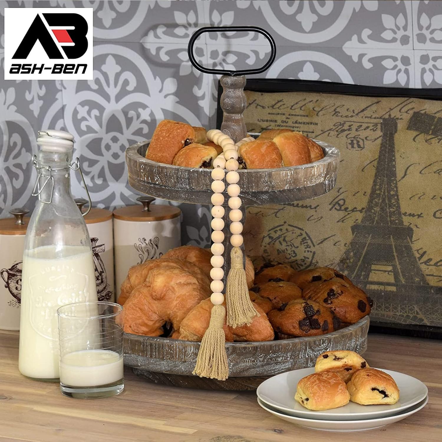 Two Tiered Rotating Wooden Tray with 10 Small & 13 Large Plates F188392