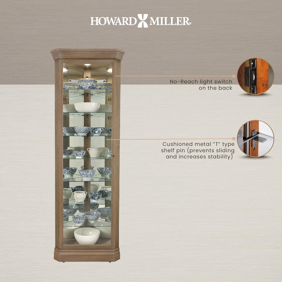 Aged Grey Curio Cabinet with Seven Glass Shelves H730956