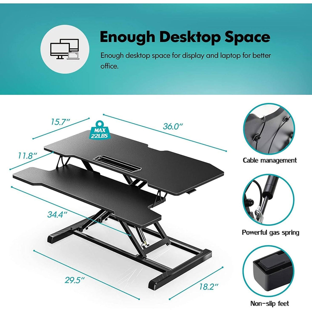 36x22 Height Adjustable Standing Desk Converter - Black W293679