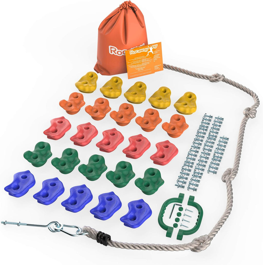 25 Pc Rock Climbing Holds with 8ft Knotted Rope and Carry Bag R45724