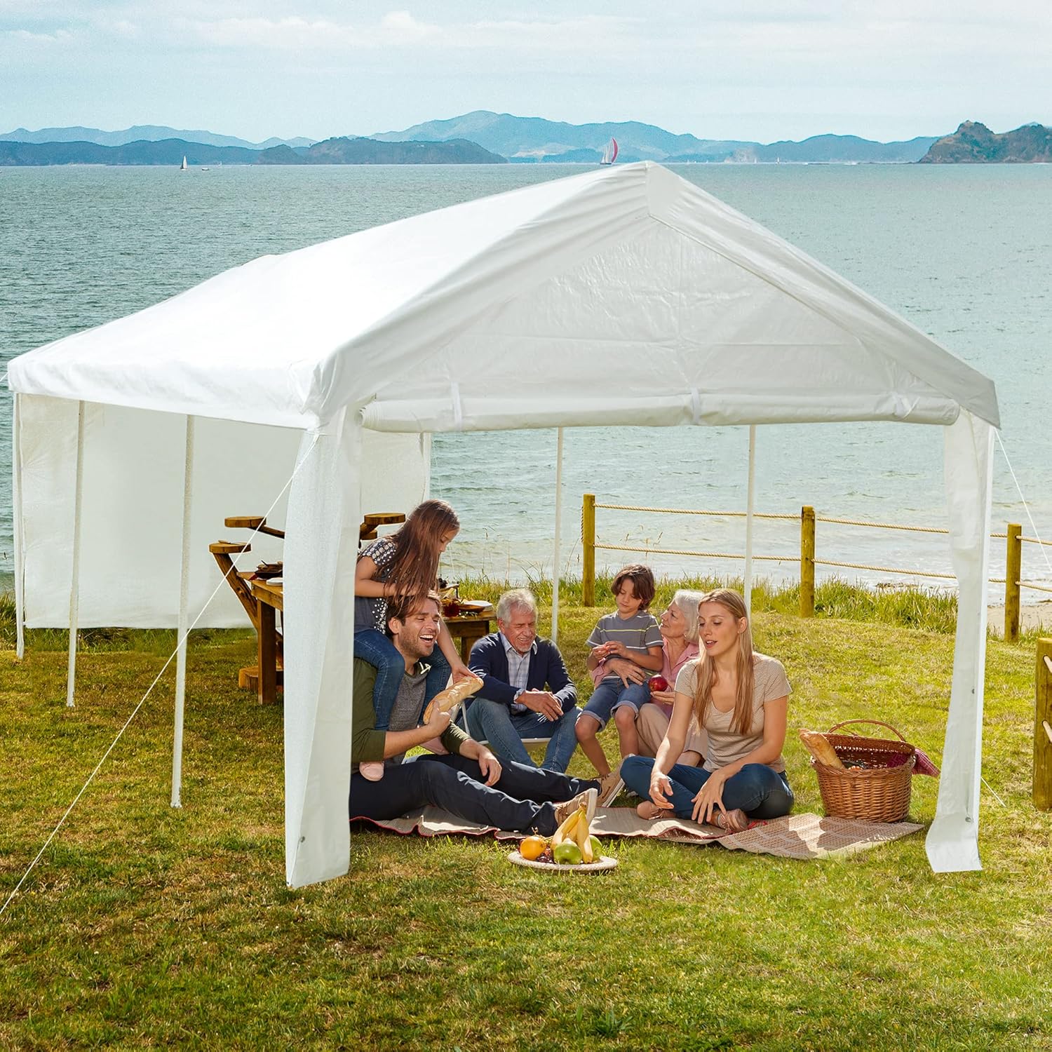 White Galvanized Frame Carport with Removable Sidewalls H3998