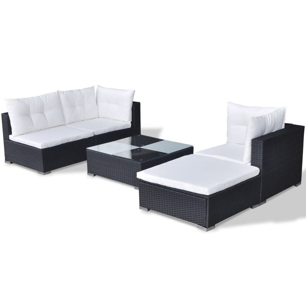 5 Piece Outdoor Sectional Sofa Lounge with Coffee Table and Ottoman Set Cushioned Poly Rattan E4655