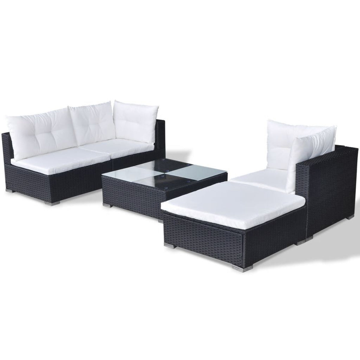 5 Piece Outdoor Sectional Sofa Lounge with Coffee Table and Ottoman Set Cushioned Poly Rattan E4655