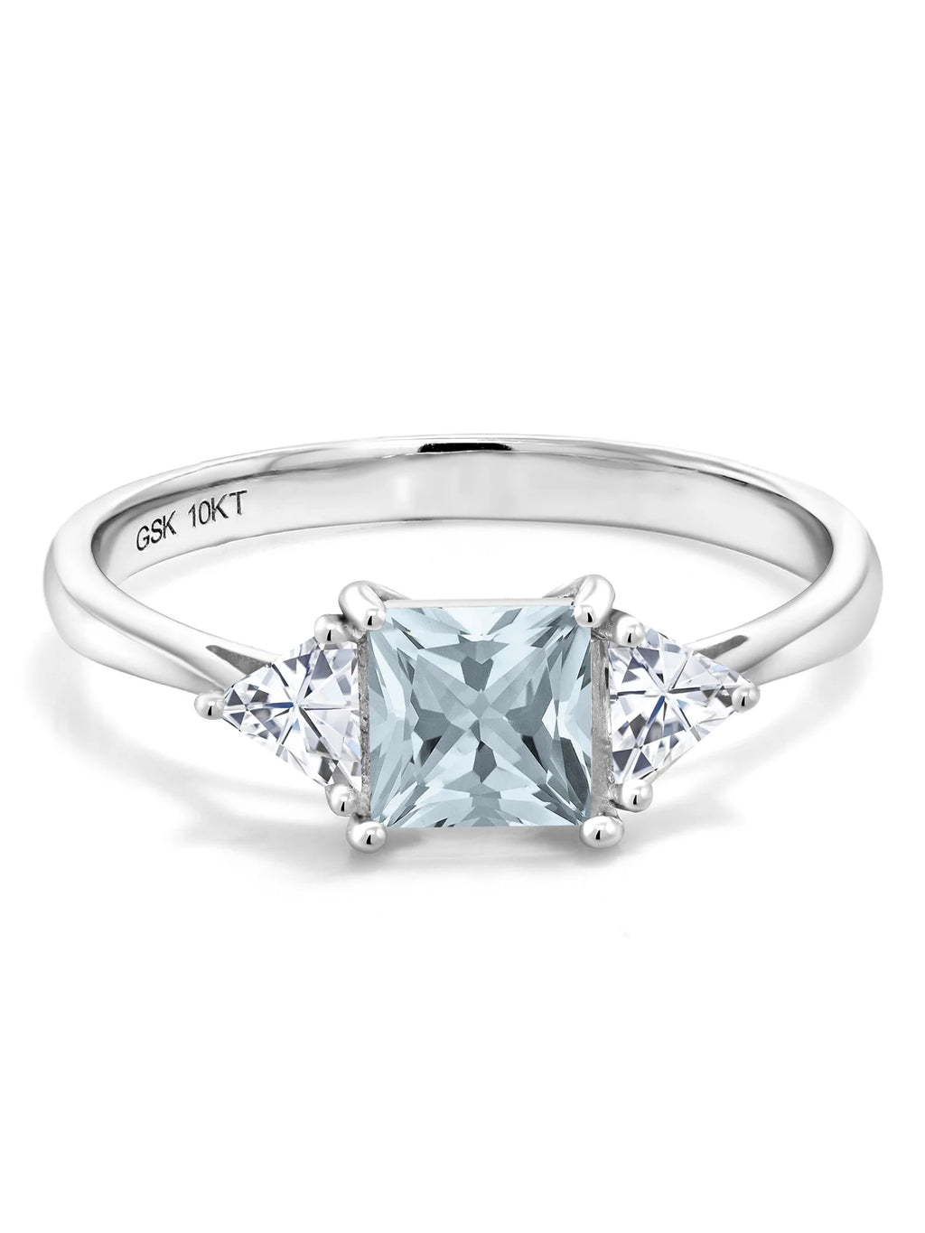 10K White Gold Sky Blue Aquamarine White Moissanite 3 Stone Engagement Ring P9893